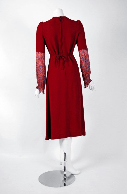 Women's 1970's Ossie Clark For Radley Burgundy-Red Crepe Celia Birtwell Print Dress