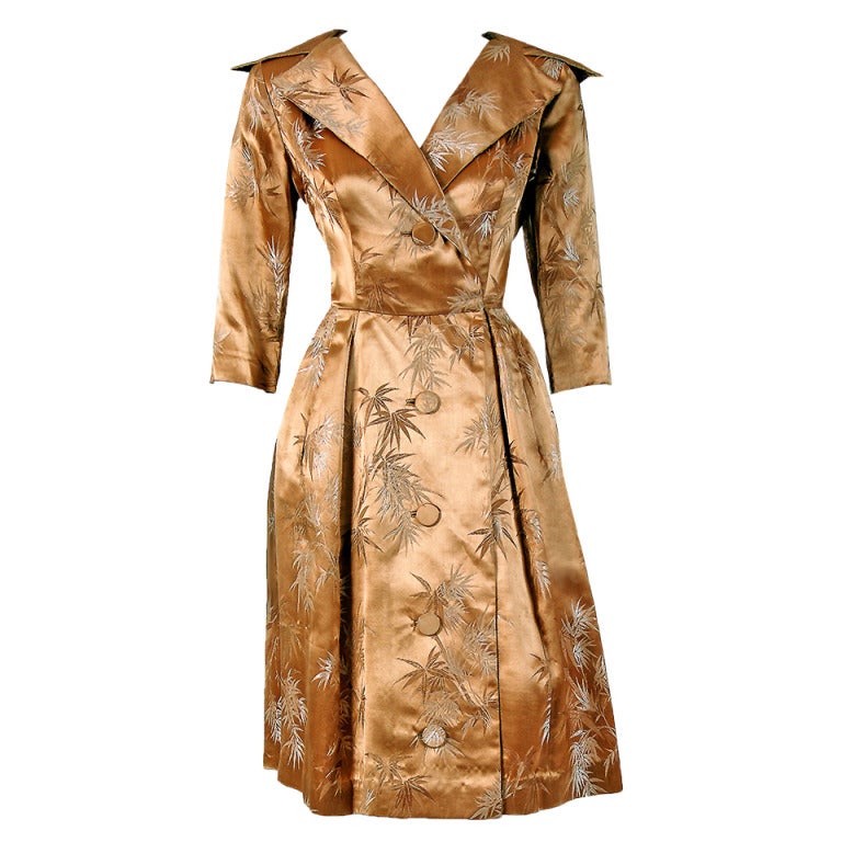 1950
s Alfred Shaheen Hawaiian Golden Satin Portrait-Collar Cocktail Dress