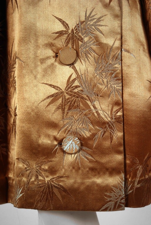 1950's Alfred Shaheen Hawaiian Golden Satin Portrait-Collar Cocktail Dress In Excellent Condition In Beverly Hills, CA