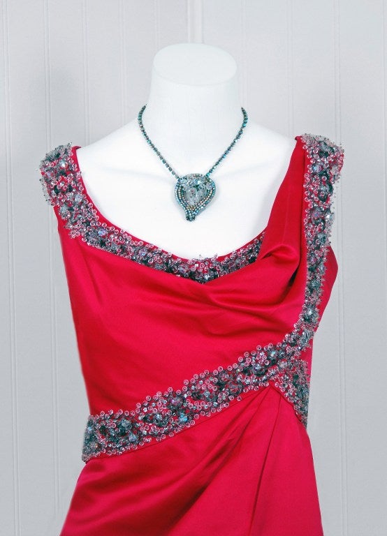 Red 1950's Ceil Chapman Beaded Rhinestone Magenta-Pink Satin Cocktail Wiggle Dress
