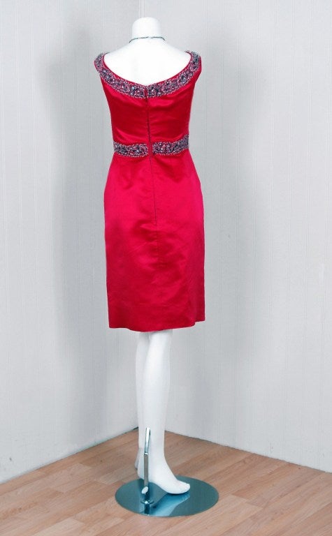 Women's 1950's Ceil Chapman Beaded Rhinestone Magenta-Pink Satin Cocktail Wiggle Dress