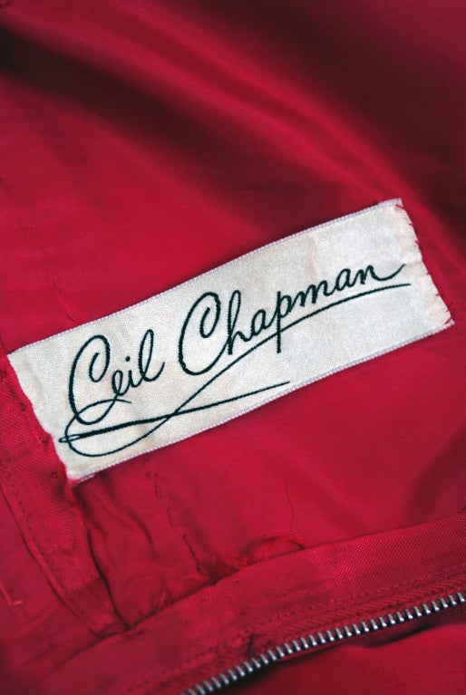 1950's Ceil Chapman Beaded Rhinestone Magenta-Pink Satin Cocktail Wiggle Dress 1