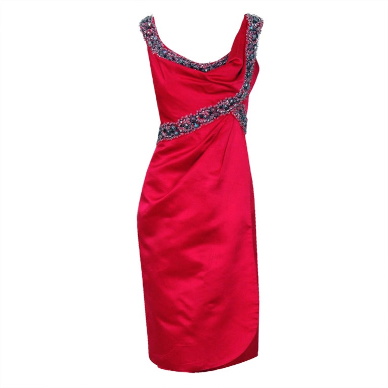 1950's Ceil Chapman Beaded Rhinestone Magenta-Pink Satin Cocktail Wiggle Dress