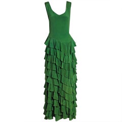 1930's Olive-Green Silk Low-Cut Plunge Sleeveless Tiered-Ruffle Gown