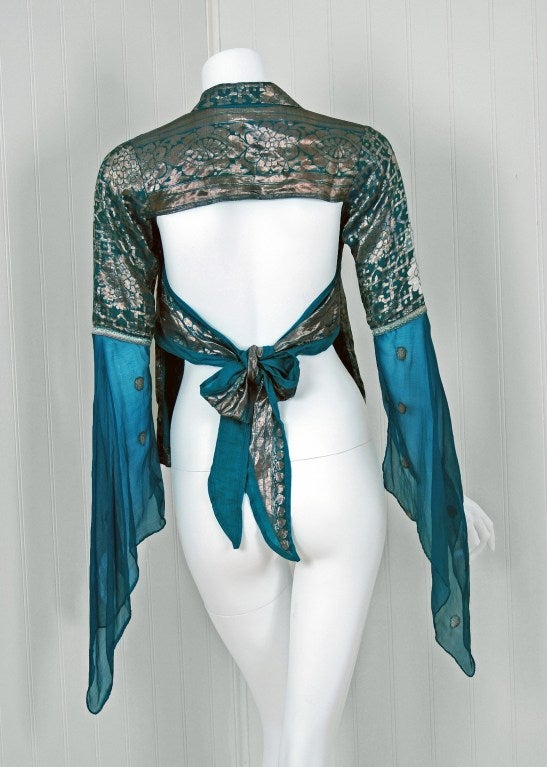 1970's Thea Porter Metallic Threaded Blue Backless Blouse 2
