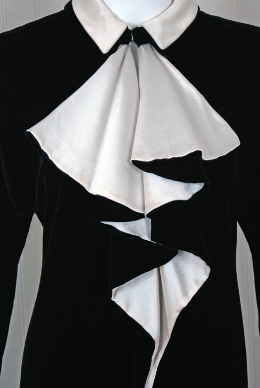 1970's Halston Black Velvet & Ivory Silk Tuxedo-Ruffle Dress In Excellent Condition In Beverly Hills, CA