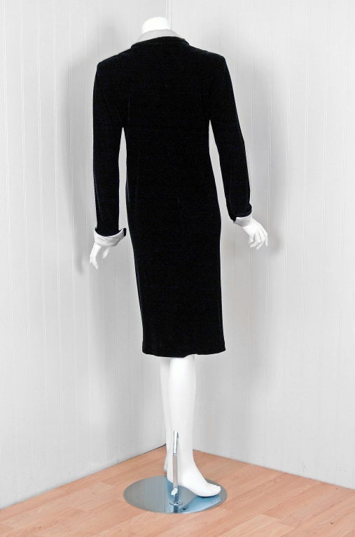 Women's 1970's Halston Black Velvet & Ivory Silk Tuxedo-Ruffle Dress