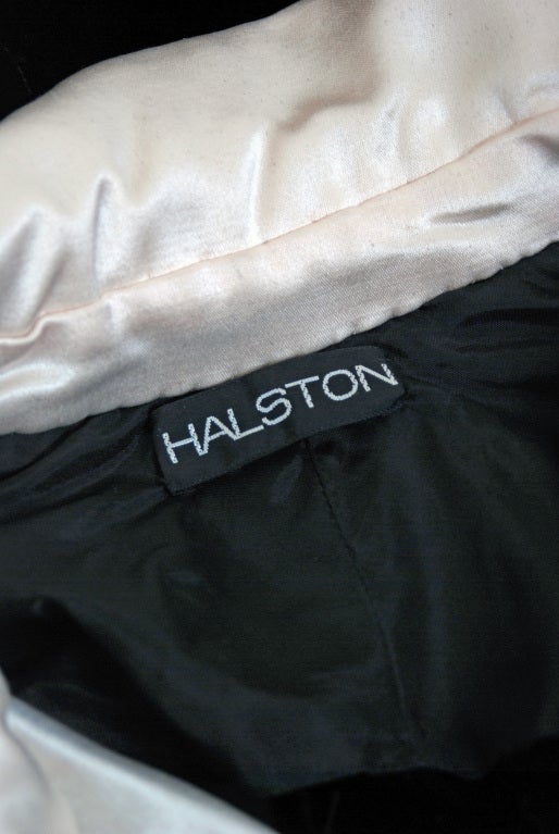 1970's Halston Black Velvet & Ivory Silk Tuxedo-Ruffle Dress 1