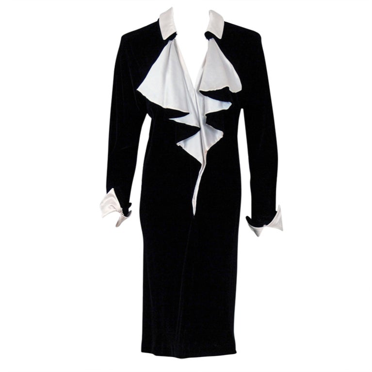 1970's Halston Black Velvet & Ivory Silk Tuxedo-Ruffle Dress