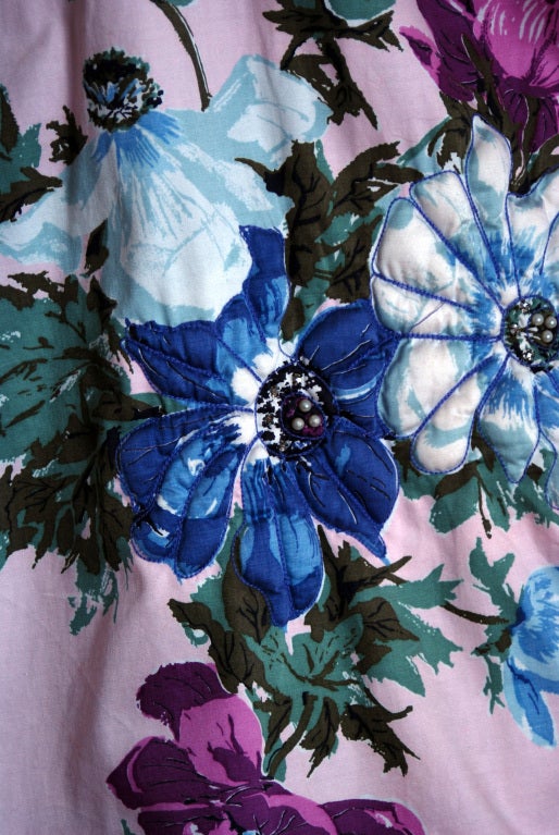1950's Watercolor Beaded-Floral Print Cotton Larger Sun Dress 1