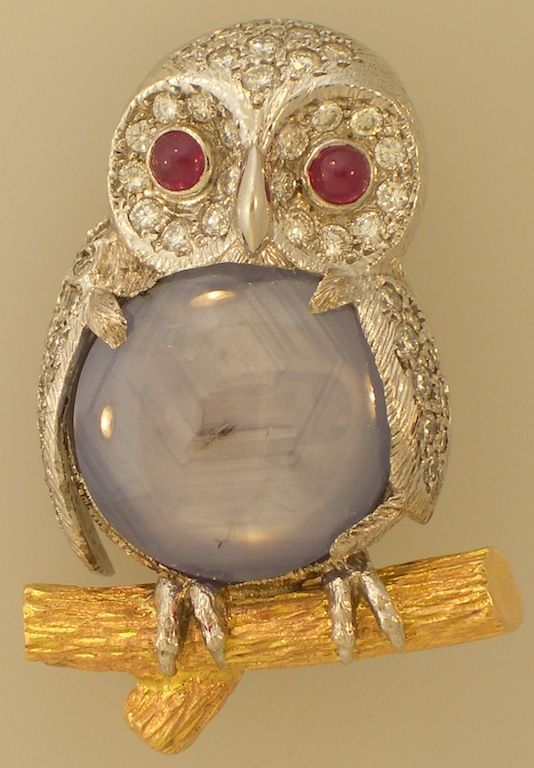 E. Wolfe 18k Gold & Platinum Owl Brooch w/Star Sapphire Body, Ruby Eyes, & Diamonds