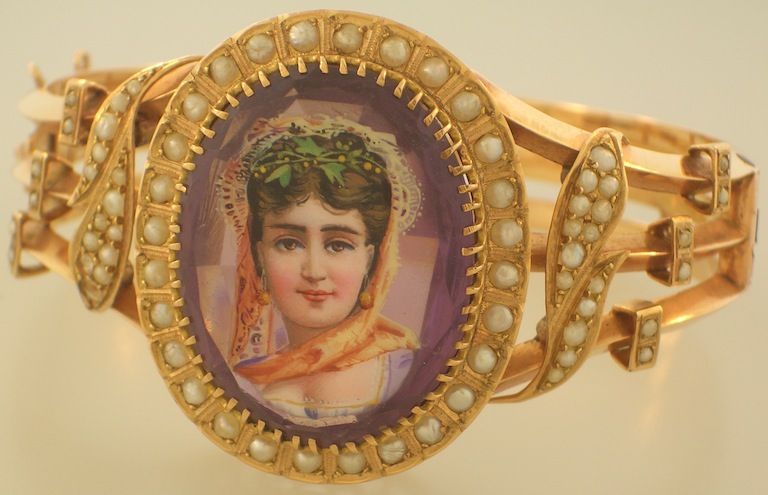 Victorian Gold & Pearl Bangle Bracelet w/Enameled Amethyst Portrait