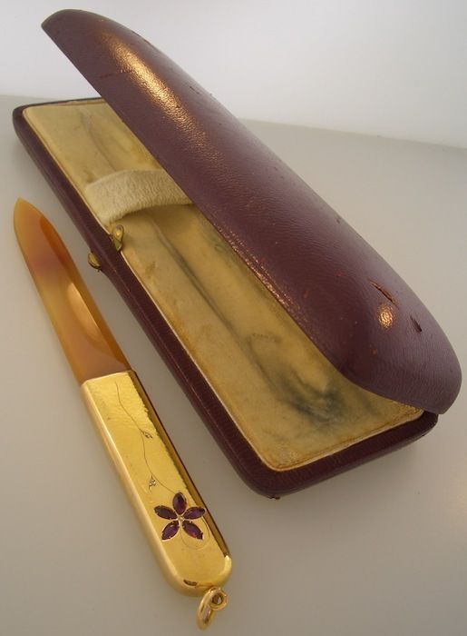 Cartier & Co. French 18K Gold Letter Opener w/Agate Blade, Ruby & Diamond Accents. In Original Box.