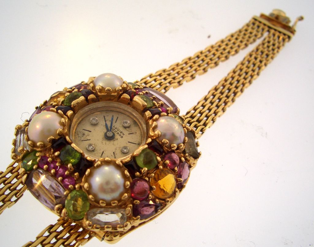 Women's Lucien Piccard Yellow Gold Gem Set Wristwatch Set For Sale