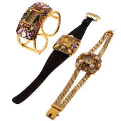 Vintage Lucien Piccard Yellow Gold Gem Set Wristwatch Set