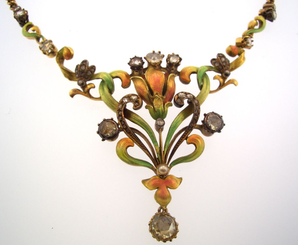 French Art Nouveau Enamel, Diamond and Gem Stone Necklace