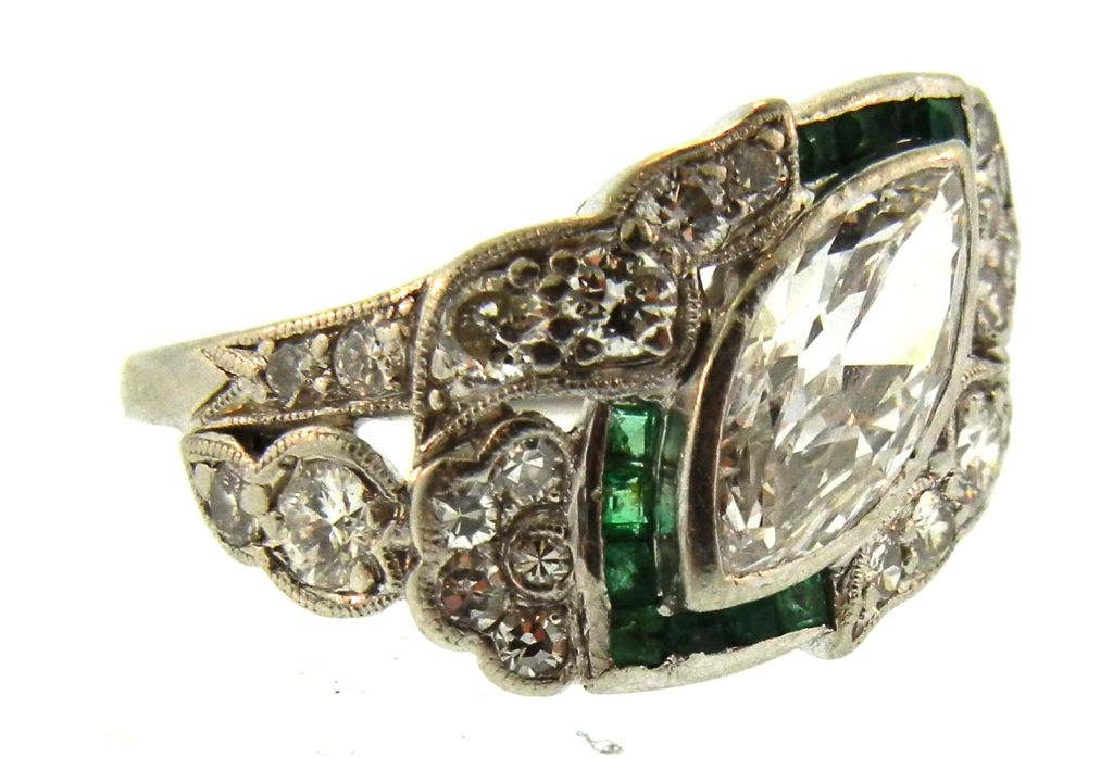 Art Deco Platinum, Diamond & Emerald Ring