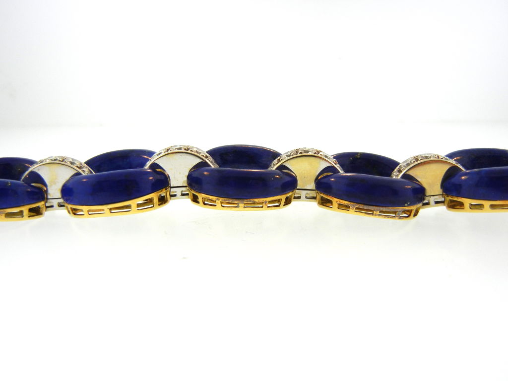 Fabulous & Fun Mid-Century Modern Bracelet Featuring Circular Lapis Lazuli Links & Diamond Segments with Two-Tone Gold Accents
