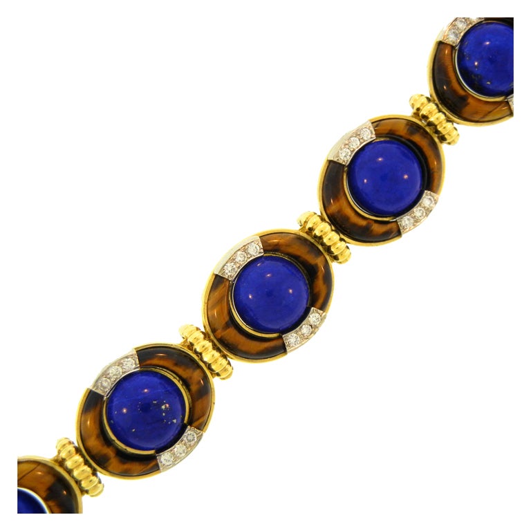 TRIOMPHE Lapis Tiger's Eye Diamond Gold Bracelet For Sale