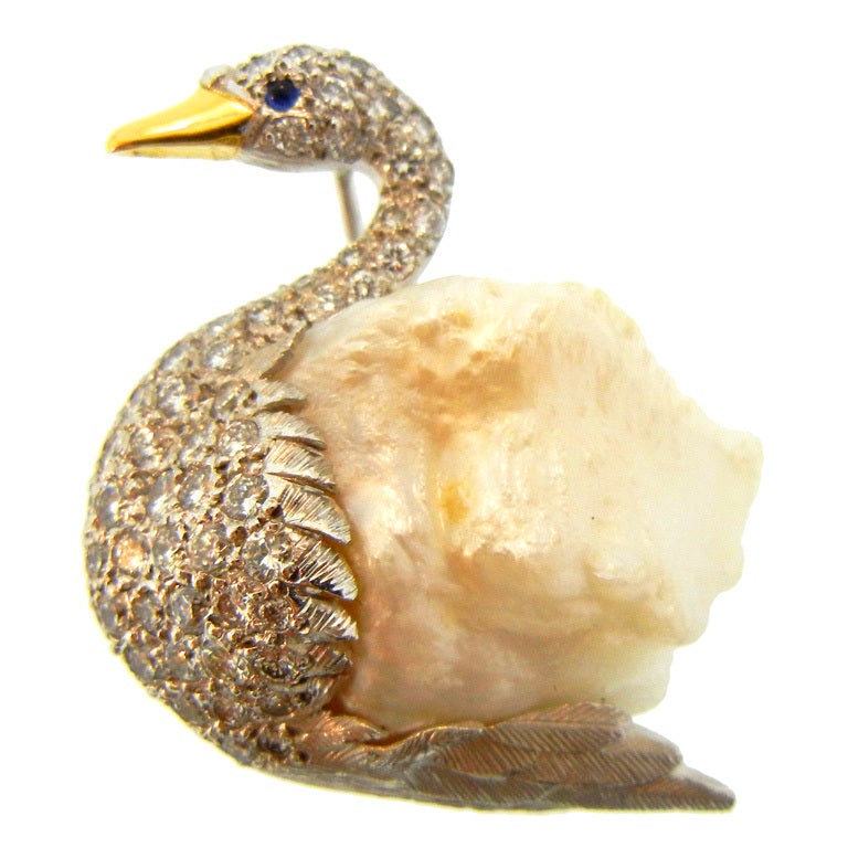 E. WOLFE Baroque Pearl Diamond Platinum Swan For Sale