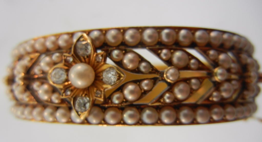 Victorian Pearl and Diamond Pierced Bangle For Sale 2