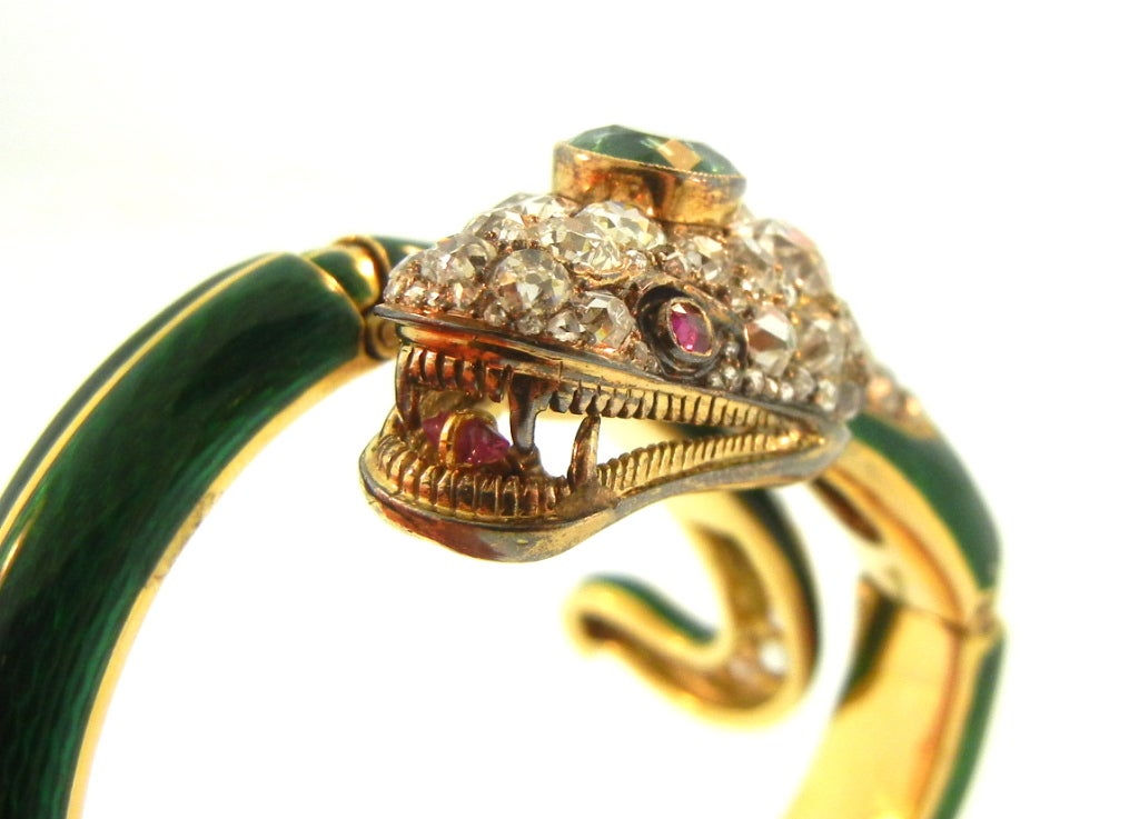 Victorian Enamel Ruby Emerald Gold Snake Bracelet In Excellent Condition In New York, NY