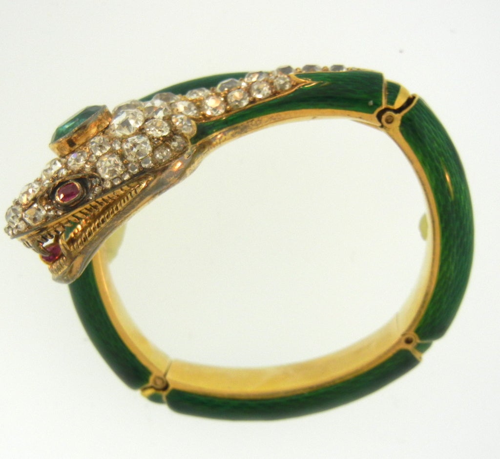 Women's Victorian Enamel Ruby Emerald Gold Snake Bracelet