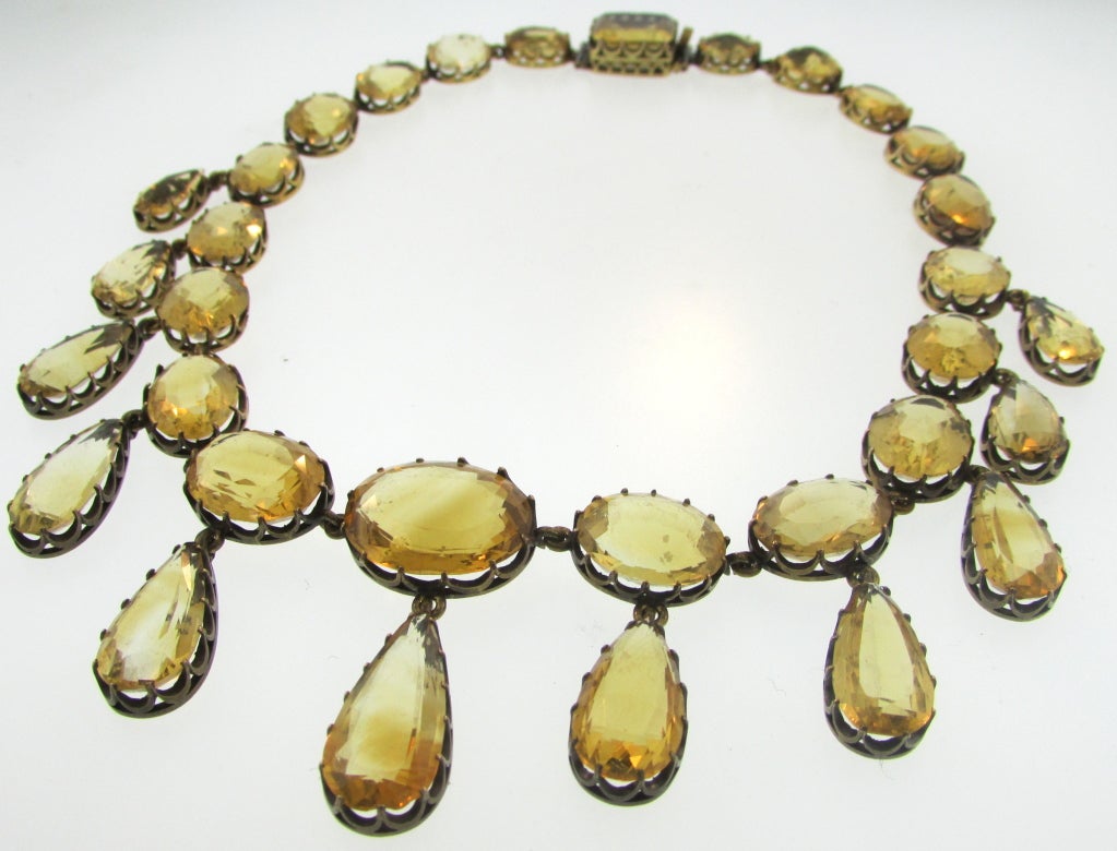 Russian Citrine Riviere with drops, crown mounted stones. Circa 1880.