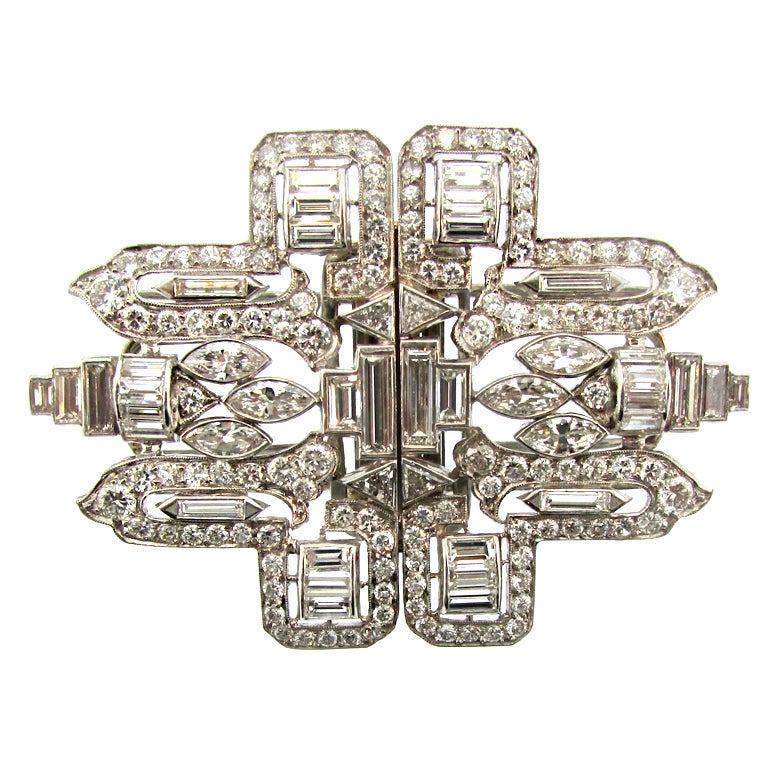 Art Deco Platinum and Diamond Double Clips For Sale