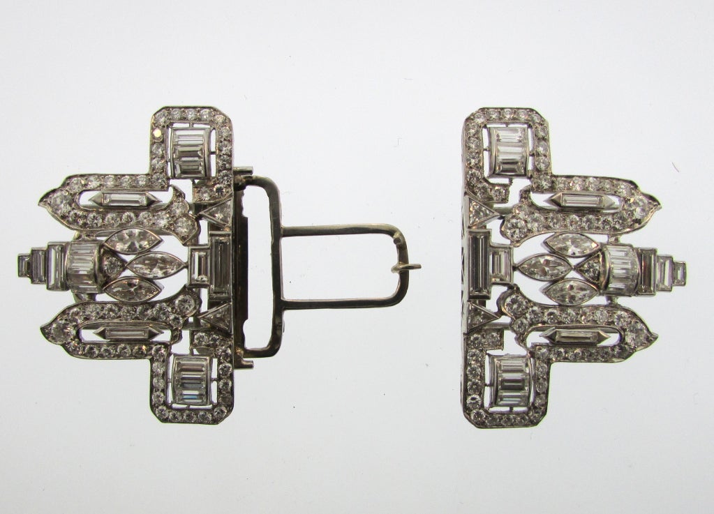 Women's Art Deco Platinum and Diamond Double Clips For Sale