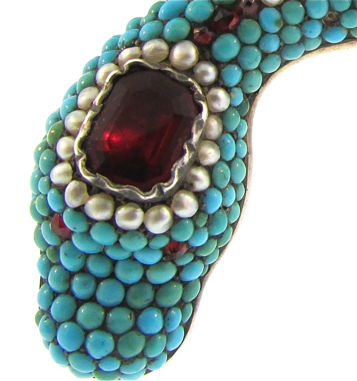 Women's 19th Century Turquoise Garnet and Pearl Snake Bracelet For Sale