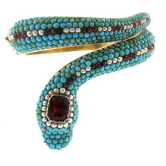 19th Century Turquoise Garnet and Pearl Snake Bracelet