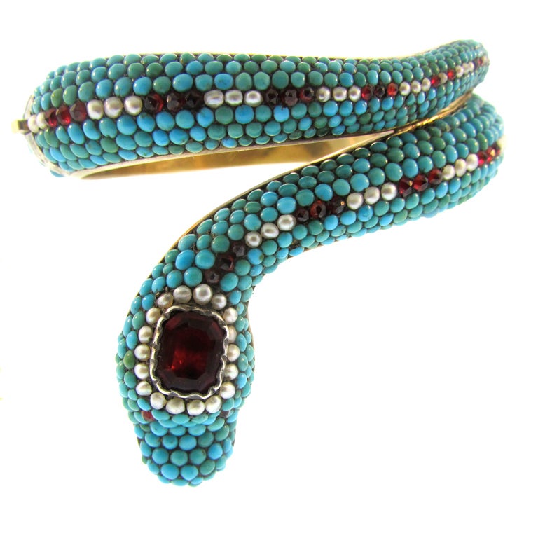 19th Century Turquoise Garnet and Pearl Snake Bracelet For Sale