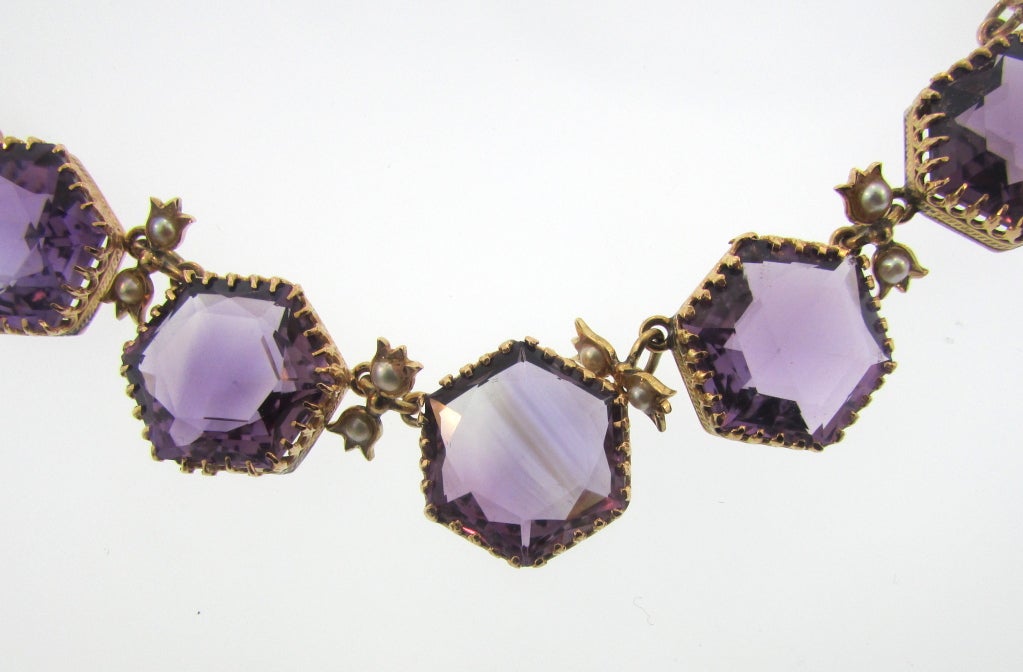 15K Yellow Gold, Oriental Pearl and Amethyst Victorian Necklace.