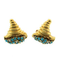 Retro Tiffany & Co. Turquoise and Diamond Cornucopia Earrings
