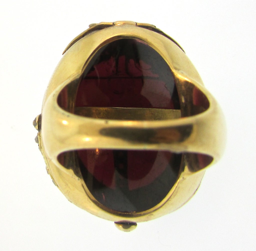 Women's Victorian Egyptian Revival Scarab Garnet Diamond Ring For Sale