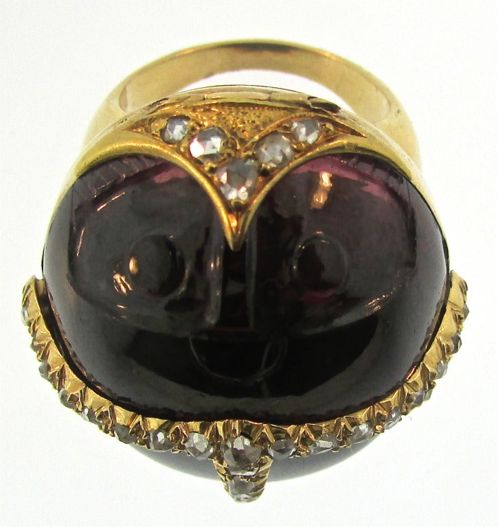 Victorian Egyptian Revival Scarab Garnet Diamond Ring For Sale 1