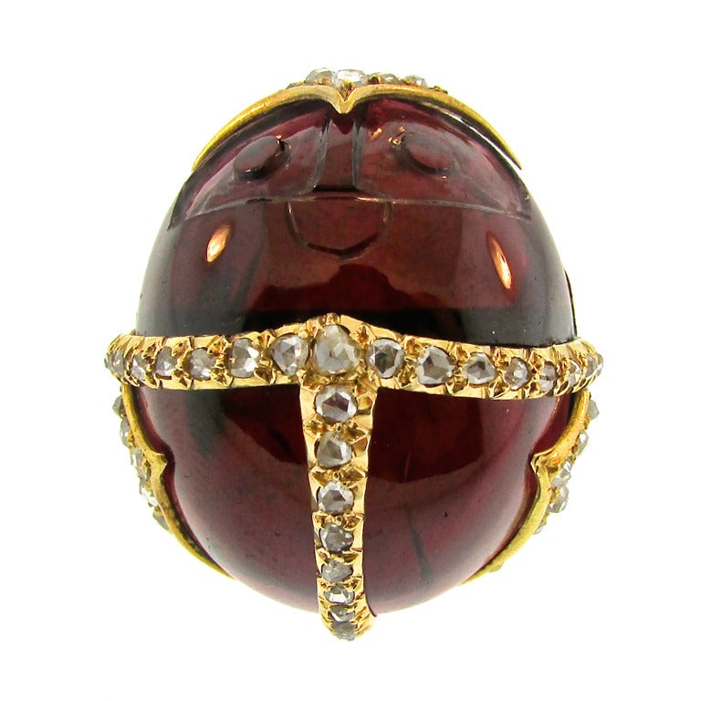 Victorian Egyptian Revival Scarab Garnet Diamond Ring For Sale