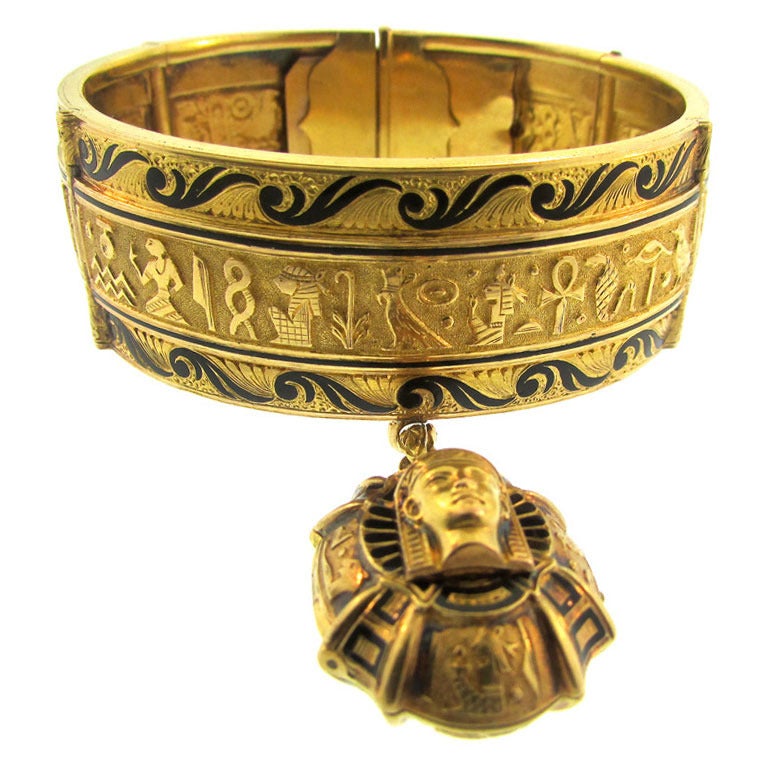 Egyptian Revival Gold and Enamel Bracelet For Sale