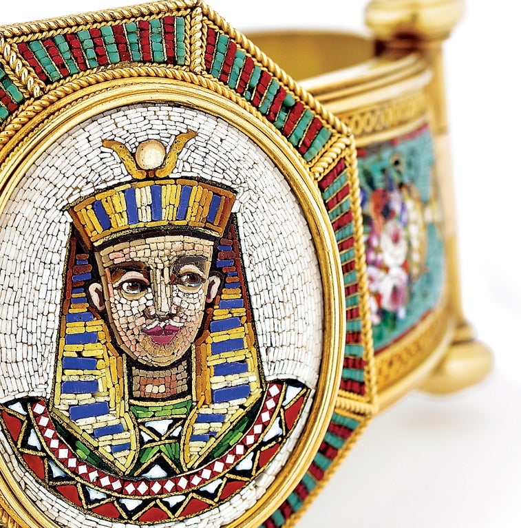 Egyptian Revival Micro Mosaic Bracelet depicting the portrait of Pharaoh embellished with stylized Roman flower vases
Italian
Circa 1870
Made in the Vatican Workshops Rome
Included in the Egyptian Revival Exhibition at SJ Shrubsole