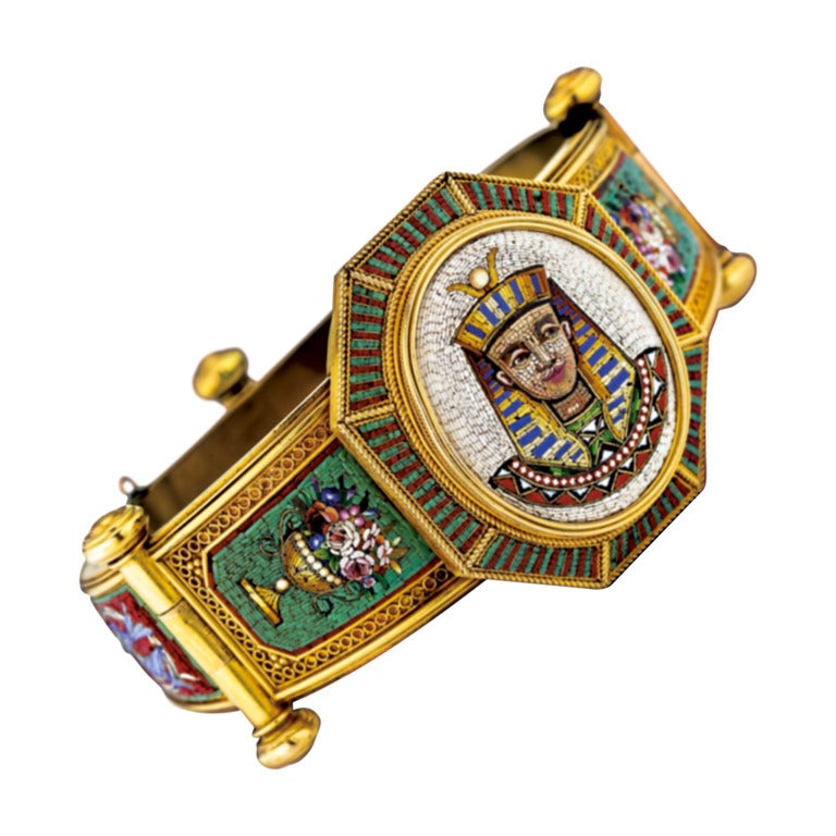 Rare 1870s Egyptian Revival Pharaoh Micro Mosaic Bracelet For Sale
