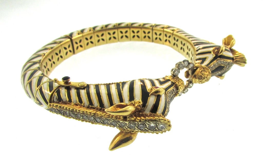 Women's 1960's Frascarolo Enamel Diamond Zebra Bracelet For Sale