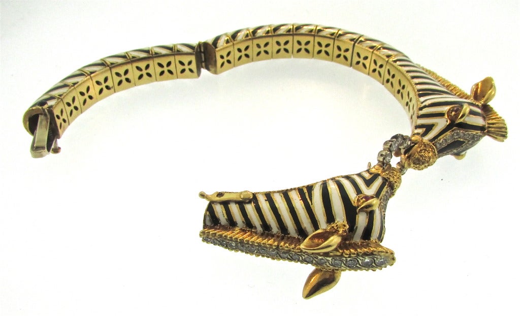 1960's Frascarolo Enamel Diamond Zebra Bracelet For Sale 1