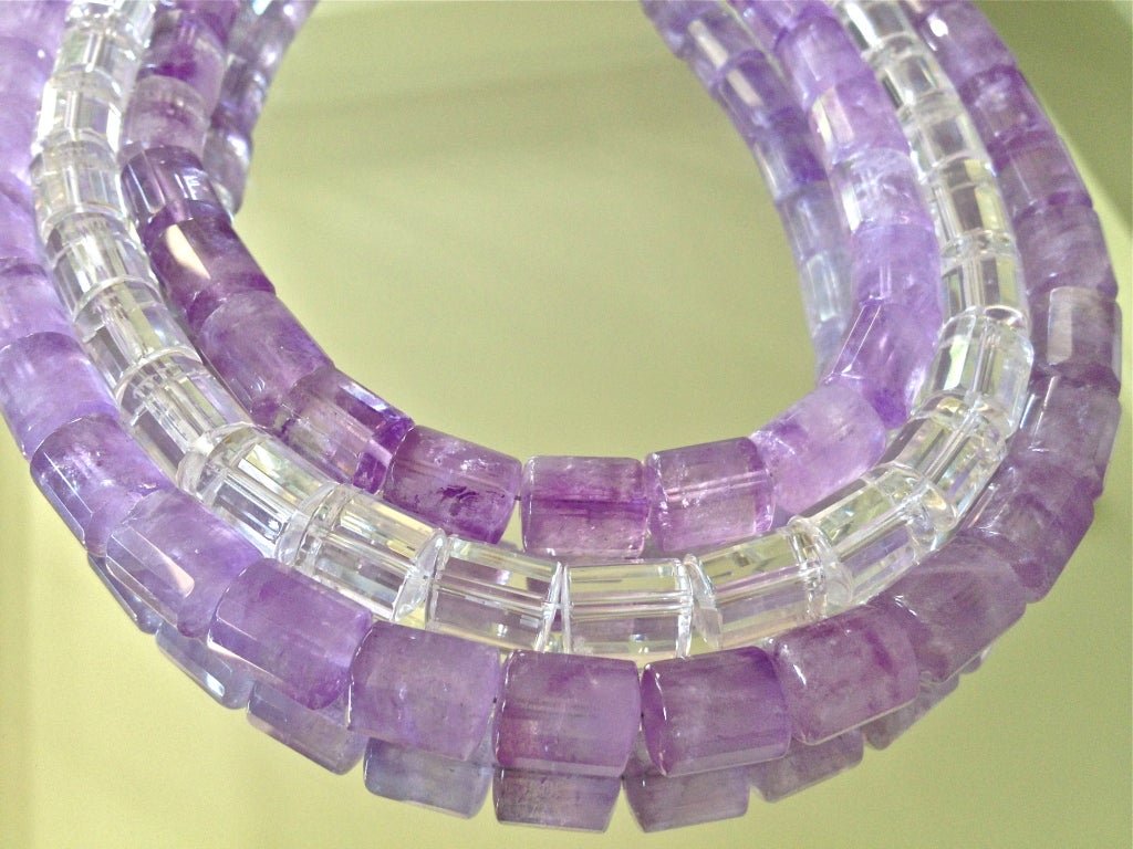 Triple Strand Amethyst Rock Crystal Necklace For Sale 1