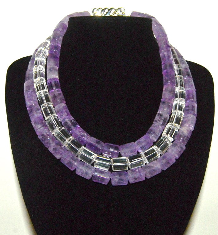 Triple Strand Amethyst Rock Crystal Necklace For Sale 4
