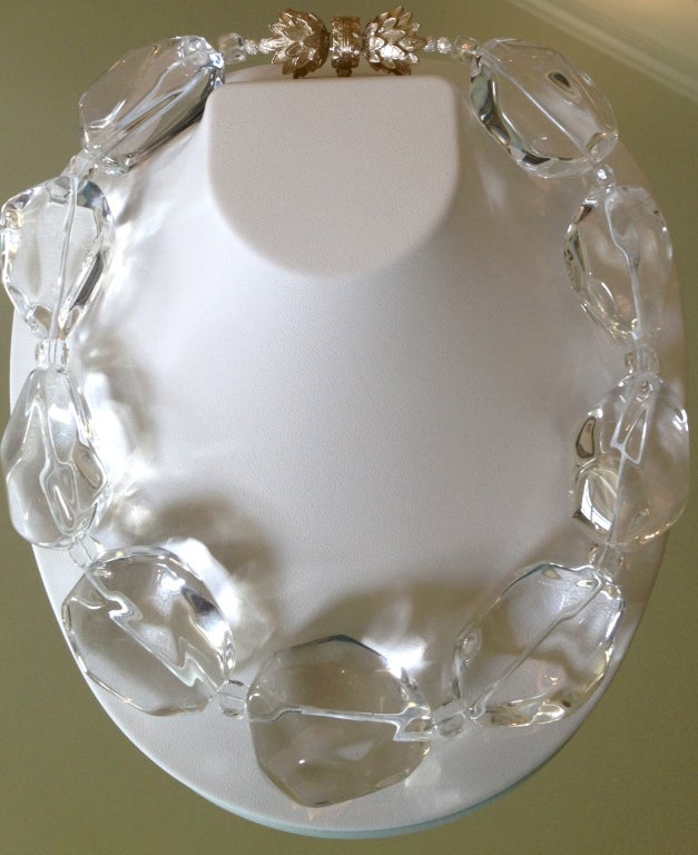 Large Rock Crystal Statement Necklace with small faceted rock crystal spacers.  Stunning 14K gold clasp. Beautifully cut stones with gorgeous color.