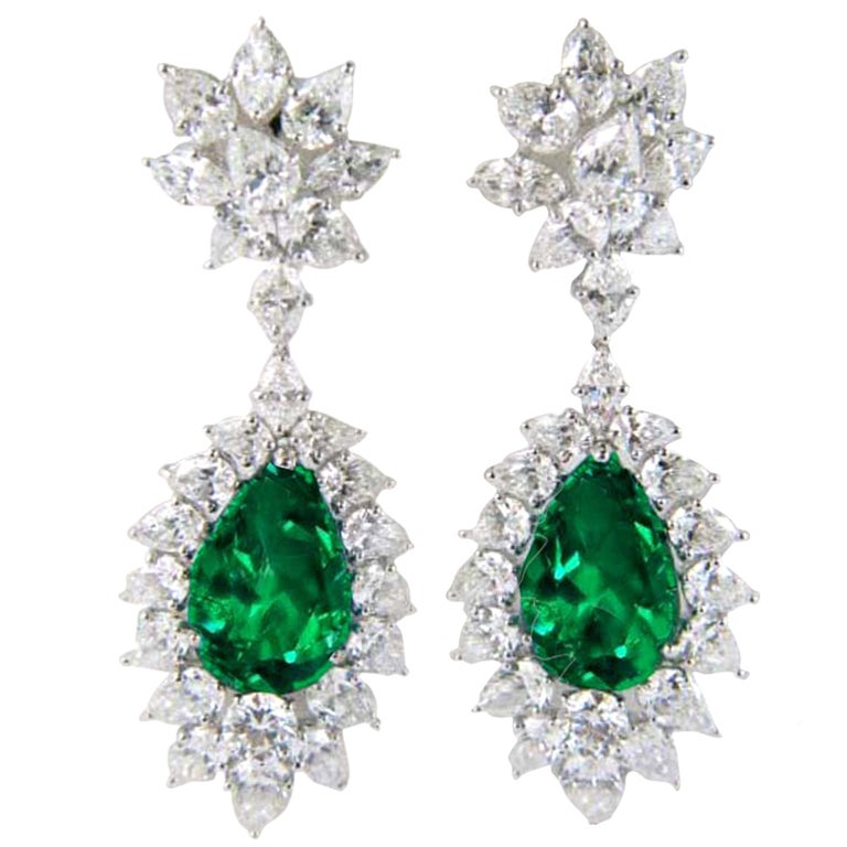 Diamond Emerald Platinum Earrings For Sale