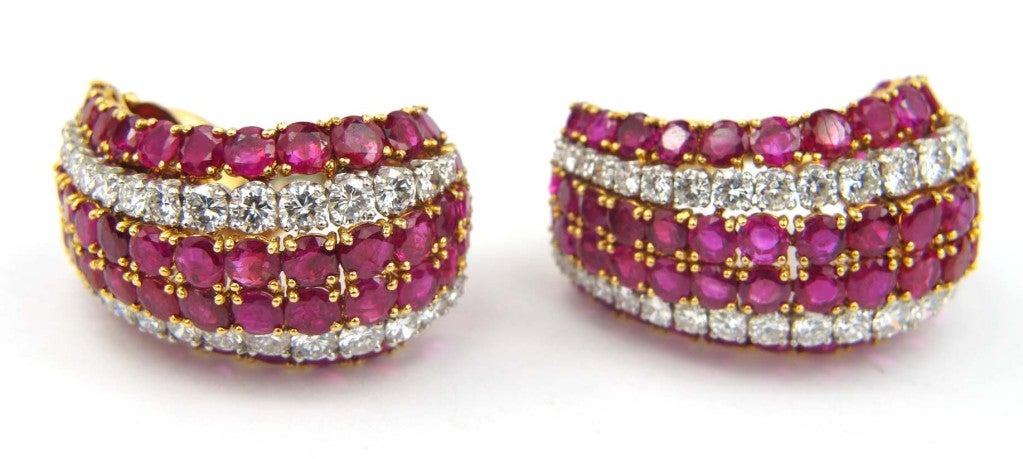Ruby. Diamond, Platinum and Yellow Gold Earrings
