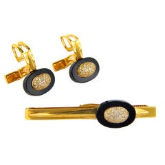 Black Onyx Diamond Yellow Gold Cufflinks & Pin Set
