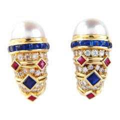 BULGARI Pearl Sapphire Ruby Diamond Yellow Gold Earrings